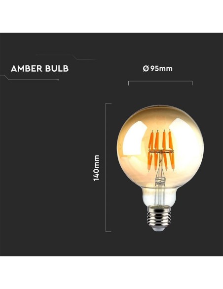 V-TAC VT-2019 Lampadina Globo LED a filamento 8W Ð•27 G95 effetto Vintage colore ambrato luce bianco caldo 2200K sku 217145