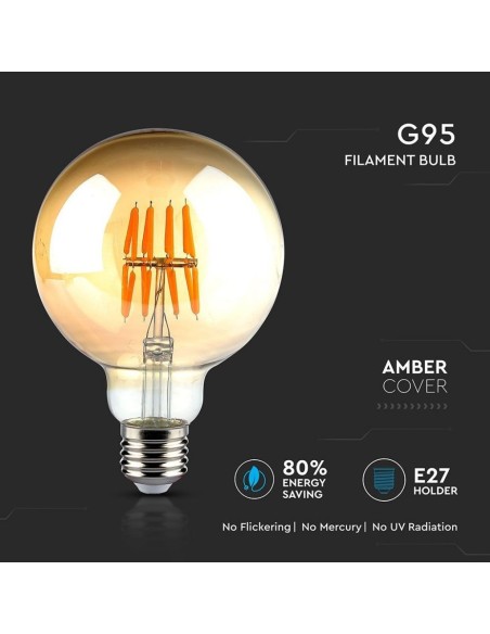 V-TAC VT-2019 Lampadina Globo LED a filamento 8W Ð•27 G95 effetto Vintage colore ambrato luce bianco caldo 2200K sku 217145