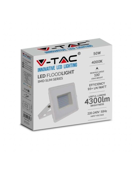 V-TAC VT-4051 Faro LED 50W proiettore E-Series super slim G2 corpo bianco luce bianco freddo 6500K IP65 - sku 215963
