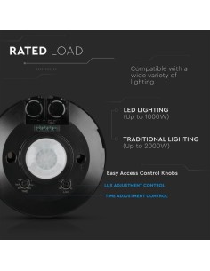 V-TAC VT-8027 Sensore di movimento PIR infrarosso SLIM colore nero a plafone IP20 da soffitto 360° sku  5087 2