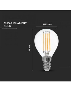 V-TAC VT-2486 Lampadina led 6W E14 4000K lampada filamento 130lm/w goccia P45 vetro trasparente sku 2855 2