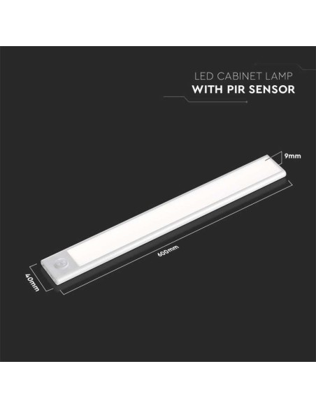 V-TAC lampada led barra da armadio ricaricabile USB 2.5w con sensore porta luce mobili colore argento 4000k sku 2966