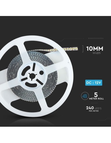V-TAC VT-2835 Striscia LED 12V 240LED/mt SMD2835 20w/m strip 5Mt 2000lm/mt  luce 4000k 10mm IP20 sku 212165