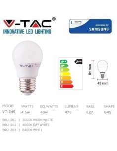 V-TAC PRO VT-245 Lampadina Chip LED Samsung 4,5W E27 Mini Globo G45 bianco naturale 4000K - SKU 262 2