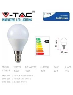 V-TAC VT-225 Lampadina Chip LED samsung 4,5W E14 P45 bianco naturale 4000K - SKU 265 2